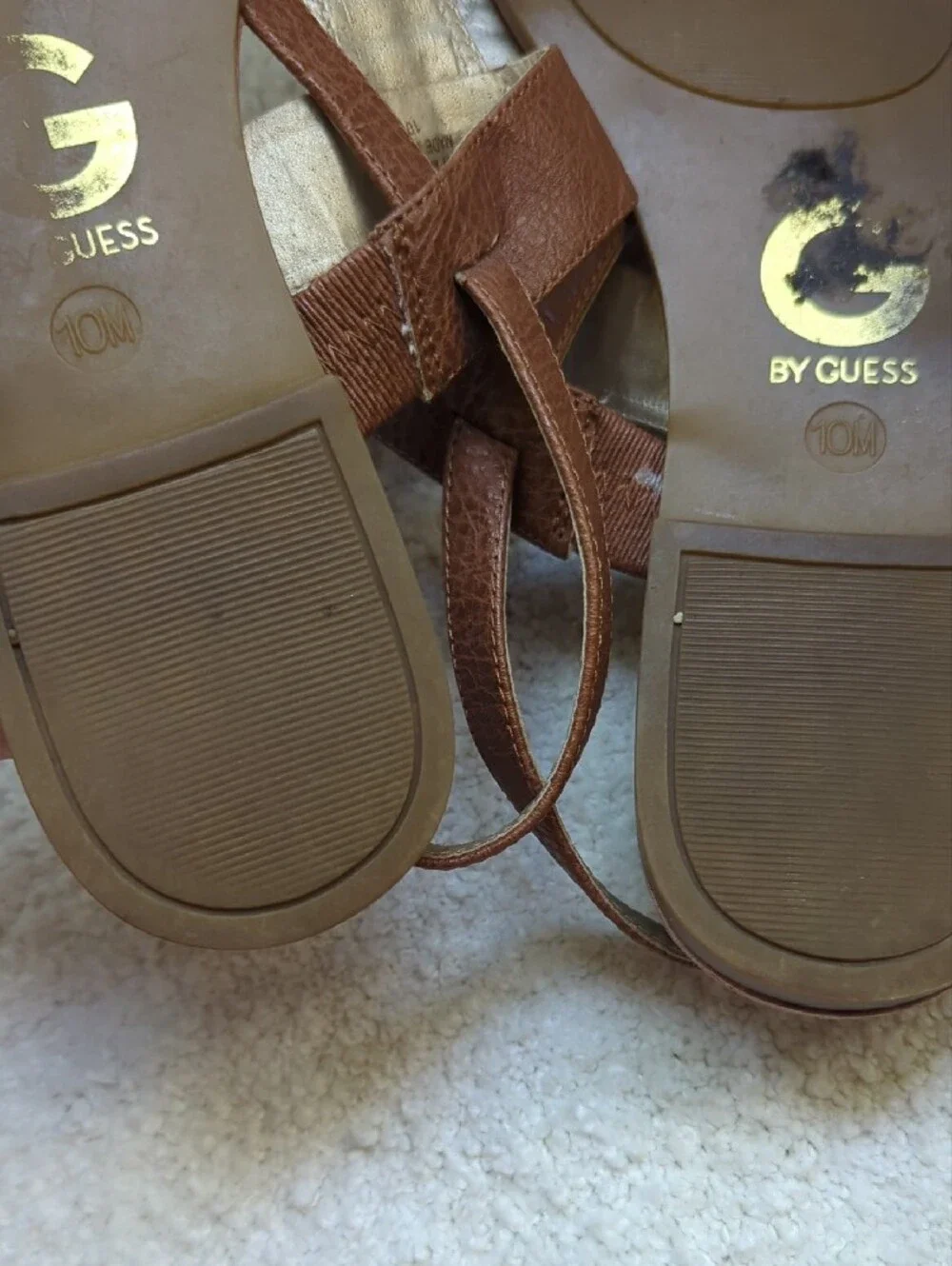 G by Guess Brown and Black T-Strap Sandals with G Hardware